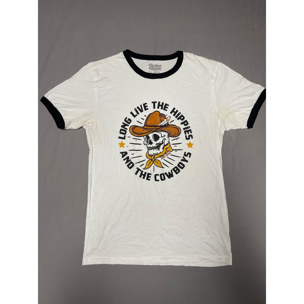 Rodeo Hippie Long Live Cowboys Skull Graphic Ringer T-Shirt White Mens Small‎